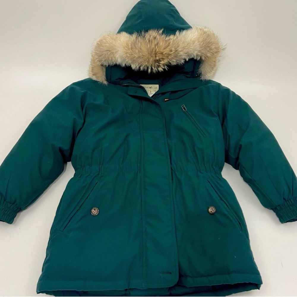 Eddie Bauer Premier Polar Parka Goose Down Coat Coyote Fur Hood Green S Bella